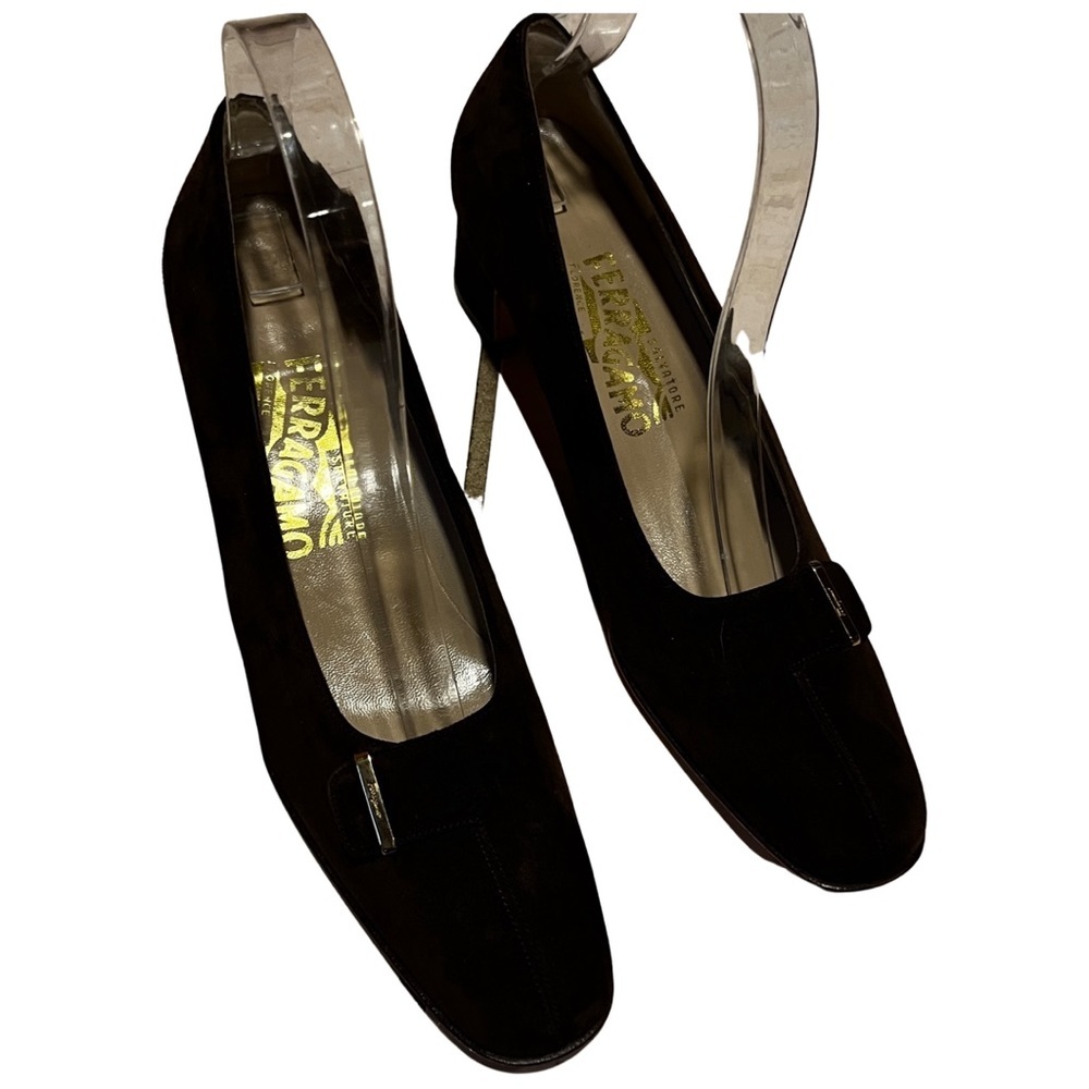 SALVATORE FERRAGAMO Luxe Brown Suede Block Heel Pumps Sz 8 $425 Chic Trendy - Picture 4 of 5